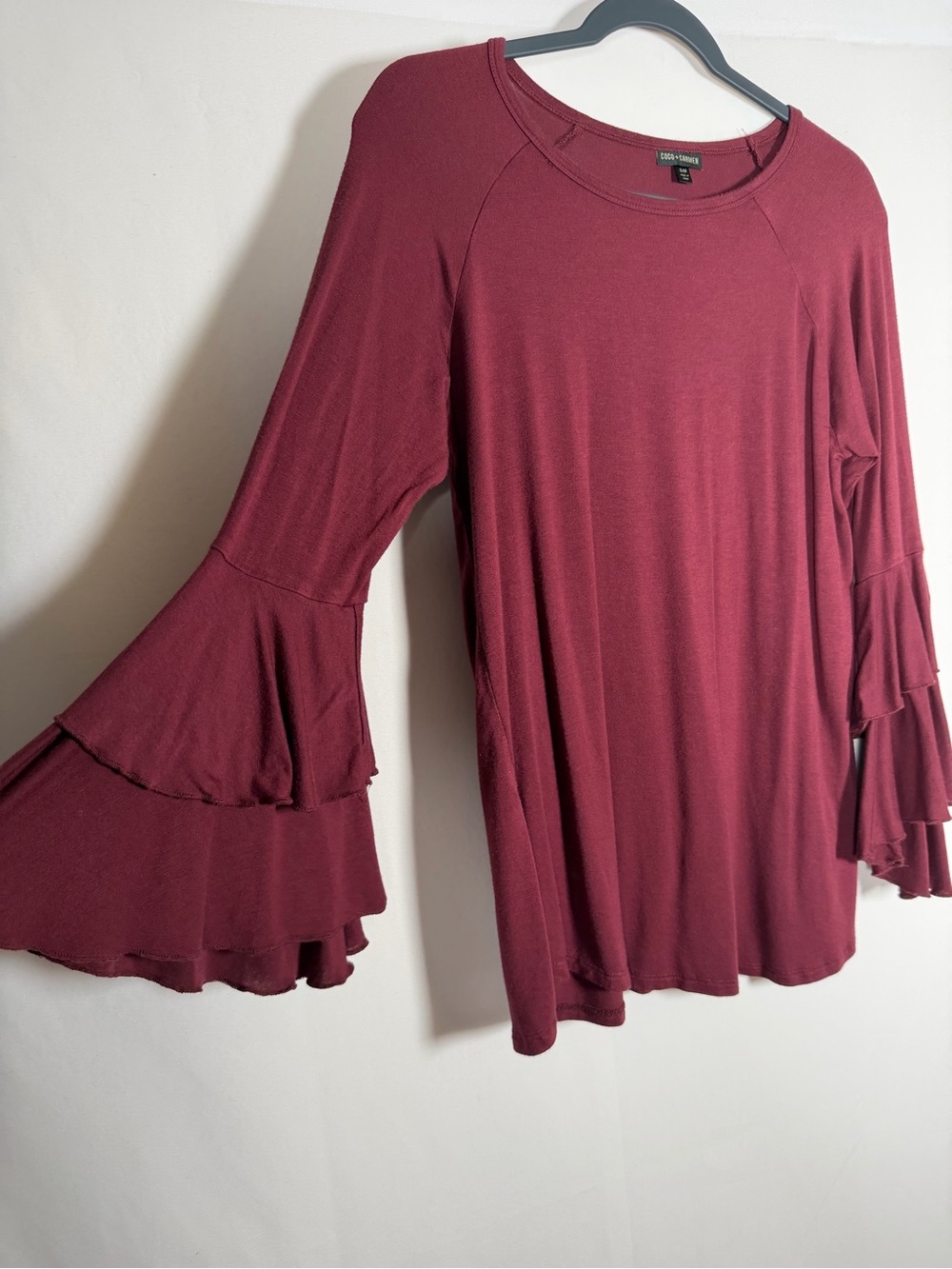 Coco + Carmen Burgundy Tiered Ruffle Flare Long Sleeve Top Fairy Ethereal